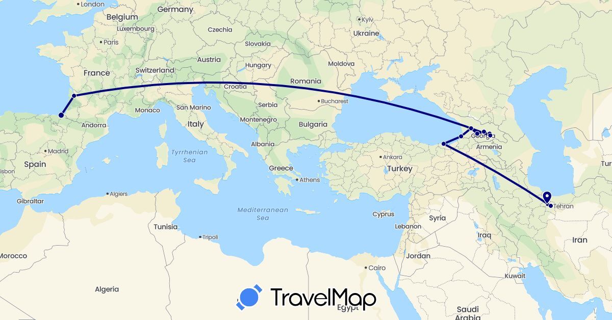 TravelMap itinerary: driving in Spain, France, Georgia, Iran, Turkey (Asia, Europe)